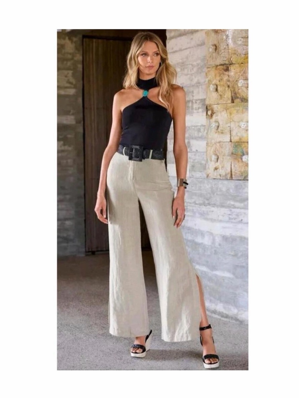 Boston Proper Wide-Leg side Slit Linen Pants in Beige Sz 12